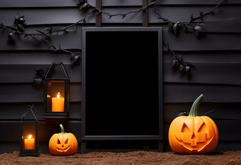Halloween welcome signboard mockup with pumpkins, lantern and fallen leaves. Black board with autumn holiday decoration with copy space. Generated AI.