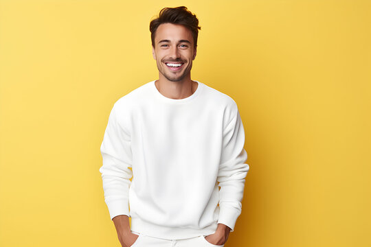 Young man wearing white sweatshirt mockup, at yellow background. Design pullover template, print presentation mock-up. AI generated.