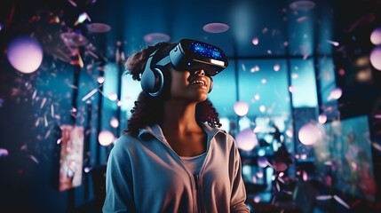 Une fille avec son casque de réalité virtuelle dans un monde numérique, le métaverse.