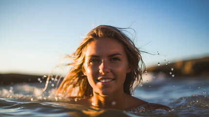 Une femme en train de se baigner dans la mer avec un coucher de soleil en arrière-plan. 