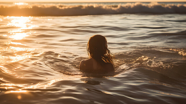 Une femme en train de se baigner dans la mer avec des vagues et un coucher de soleil en arri&egrave;re-plan.