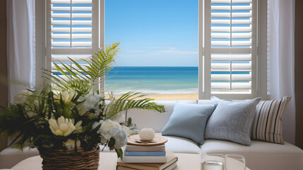 L'intérieur d'un appartement avec une vue  sur la mer et la plage. Dans la pièce, il y a un canapé avec des coussins et un vase avec des fleurs. - obrazy, fototapety, plakaty