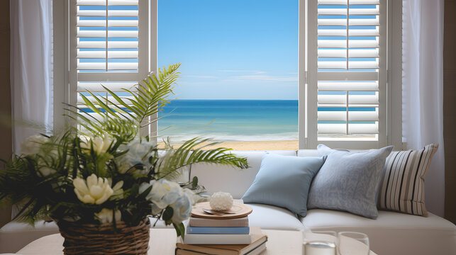 L'int&eacute;rieur d'un appartement avec une vue  sur la mer et la plage. Dans la pi&egrave;ce, il y a un canap&eacute; avec des coussins et un vase avec des fleurs.