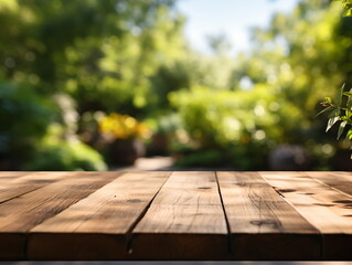 Wooden floor perspective and green forest with ray of light.