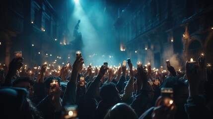 A crowd of people at a live event, concert or party holding hands and smartphones up. Generative AI