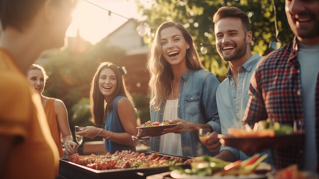 happy women and man friends grill Barbecue during party at backyard