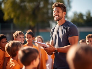 Coach Giving Team Talk To Elementary School Basketball Team