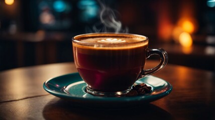 a glass of hot coffee on wooden table