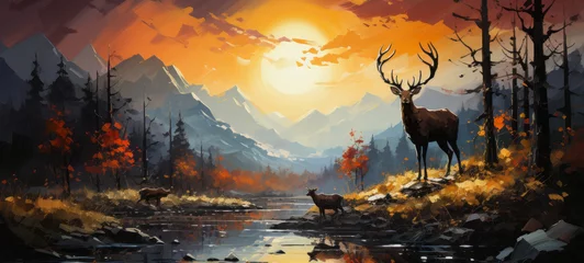 Foto op Canvas Splashes of bright paint on the canvas. mountain forest Landscape with golden sun and golden deer.generative ai © JKLoma