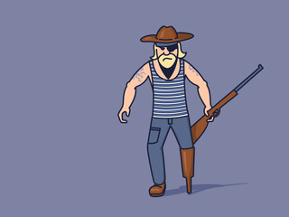 Terrible one-legged pirate with a gun. Flat vector illustration with outline.