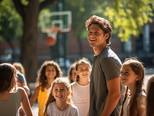 Obraz premium Coach Giving Team Talk To Elementary School Basketball Team
