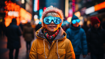 Boy with futuristic VR set, standing in the middle of busy Asian street.