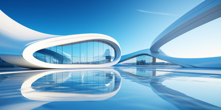 Low angle view of futuristic architecture, Skyscraper of office building with curve glass window, 3D