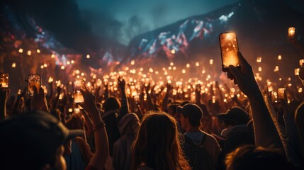 A crowd of people at a live event, concert or party holding hands and smartphones up. Generative AI