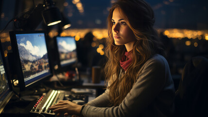 Woman working as air traffic controller. Female sitting at airport control tower.,genearative ai - obrazy, fototapety, plakaty