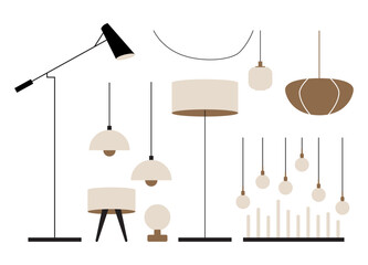 Vector set of different types of indoor lighting: pendant, ceiling light, spotlight, wall light, table shade lamps, reading lamp and floor lamp. Flat style illustration isolated on white background