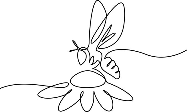 recommend clip art: Bee sitting on flower. Continuous one line art drawing meadow.