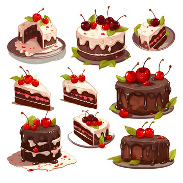 Set of chocolate cakes with cherries and cream. Vector illustration.