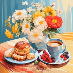 Beautiful breakfast table illustration, colorful. Hand drawn food and drink.