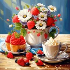 Beautiful breakfast table illustration, colorful. Hand drawn food and drink.