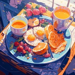 Beautiful breakfast table illustration, colorful. Hand drawn food and drink.