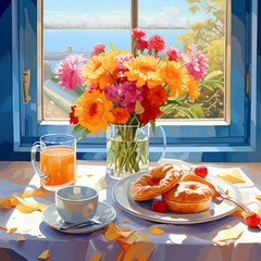 Beautiful breakfast table illustration, colorful. Hand drawn food and drink.