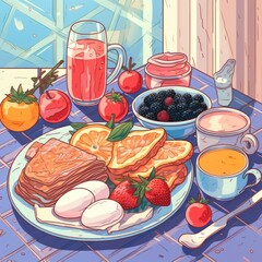 Beautiful breakfast table illustration, colorful. Hand drawn food and drink.