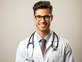 Fototapeta premium Portrait of friendly male doctor in workwear with stethoscope on neck