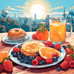 Beautiful breakfast table illustration, colorful. Hand drawn food and drink.
