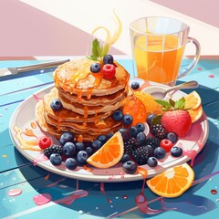 Beautiful breakfast table illustration, colorful. Hand drawn food and drink.