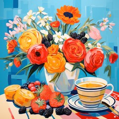 Beautiful breakfast table illustration, colorful. Hand drawn food and drink.