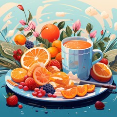 Beautiful breakfast table illustration, colorful. Hand drawn food and drink.