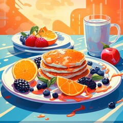 Beautiful breakfast table illustration, colorful. Hand drawn food and drink.