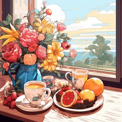 Beautiful breakfast table illustration, colorful. Hand drawn food and drink.