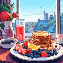 Beautiful breakfast table illustration, colorful. Hand drawn food and drink.