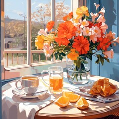 Beautiful breakfast table illustration, colorful. Hand drawn food and drink.