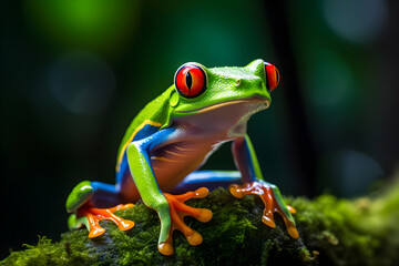 Fototapeta premium A Red-Eyed Tree Frog Rests On A Mossy Rock