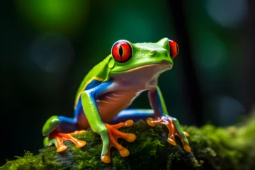 Foto op Canvas A Red-Eyed Tree Frog Rests On A Mossy Rock © Jack