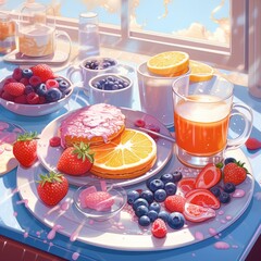 Beautiful breakfast table illustration, colorful. Hand drawn food and drink.