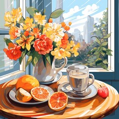 Beautiful breakfast table illustration, colorful. Hand drawn food and drink.