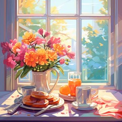 Beautiful breakfast table illustration, colorful. Hand drawn food and drink.