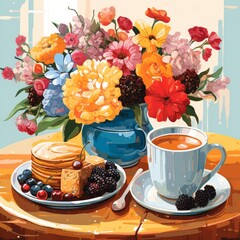 Beautiful breakfast table illustration, colorful. Hand drawn food and drink.