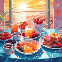 Beautiful breakfast table illustration, colorful. Hand drawn food and drink.