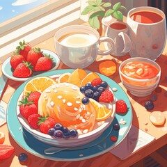 Beautiful breakfast table illustration, colorful. Hand drawn food and drink.