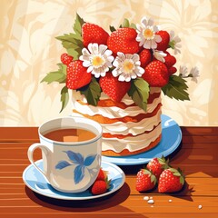 Beautiful breakfast table illustration, colorful. Hand drawn food and drink.