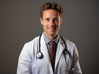 Portrait of friendly male doctor in workwear with stethoscope on neck