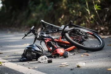 Fotobehang Fiets Broken bicycle on the road. Accident in the road. Bicycle crash road accident with broken bike and helmet, AI Generated