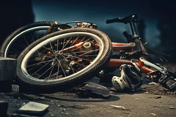 Zelfklevend Fotobehang Broken bicycle on the road. Bicycle accident on the road. Bicycle crash road accident with broken bike and helmet, AI Generated © Ifti Digital