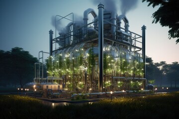 Obraz premium Industrial plant with glowing lights in the evening. 3d rendering, bioenergy power plant, The air is filled with a faint hum of machinery, AI Generated
