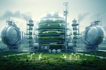 Industrial landscape with gas tanks and green trees. 3d rendering, bioenergy power plant, The air is filled with a faint hum of machinery, AI Generated
